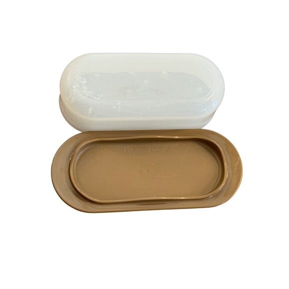 Vintage Tupperware Butter Keeper Tray Storage 7" Brown Base White Lid Durable US - Picture 4 of 5